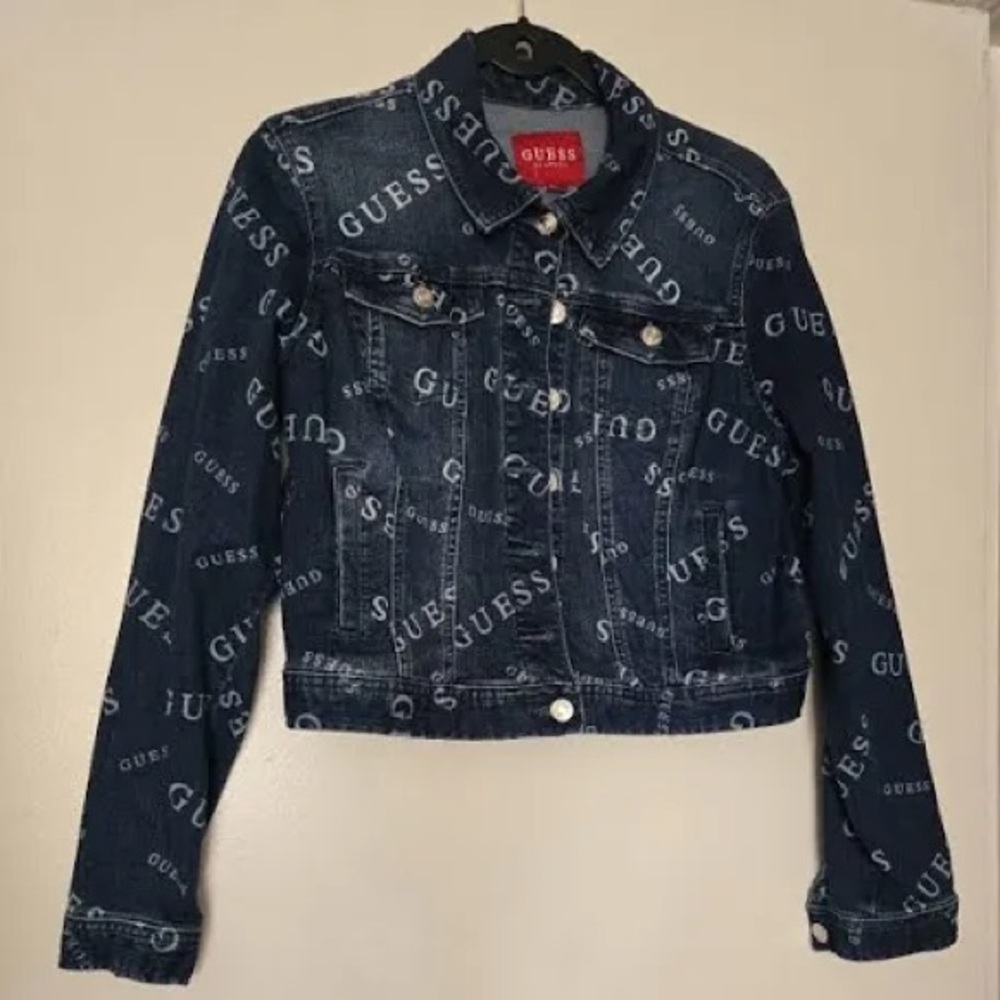 GUESS Logo Print Dark Blue Jean Jacket